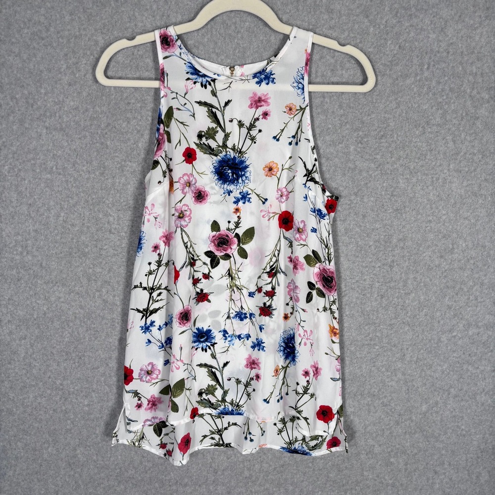 Floral Tank Top Medium White High Neck Cottage Feminine Dainty Roses Blouse